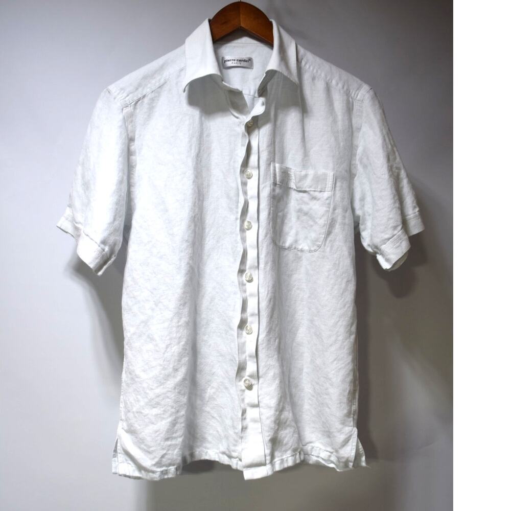 Pierre Cardin Paris White Linen Cotton Short Sleeve Button Front Shirt Men's 40